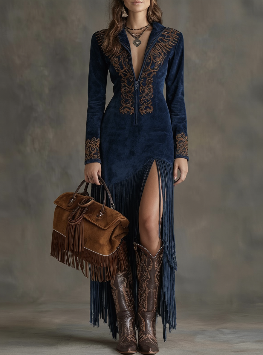 Thérèse | Robe Longue Brodée à Demi-Fermeture Éclair