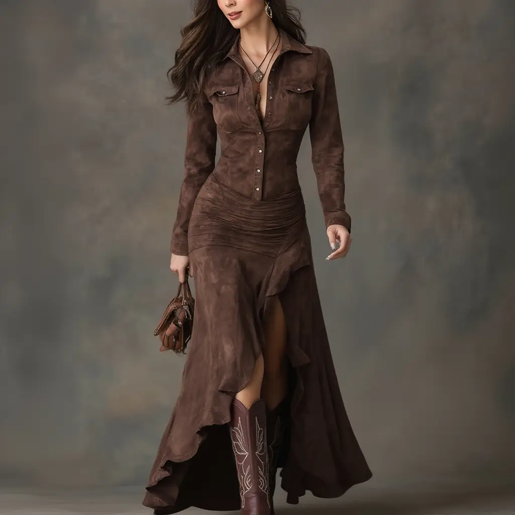 Lisette | Robe Longue Rétro Marron à Volants